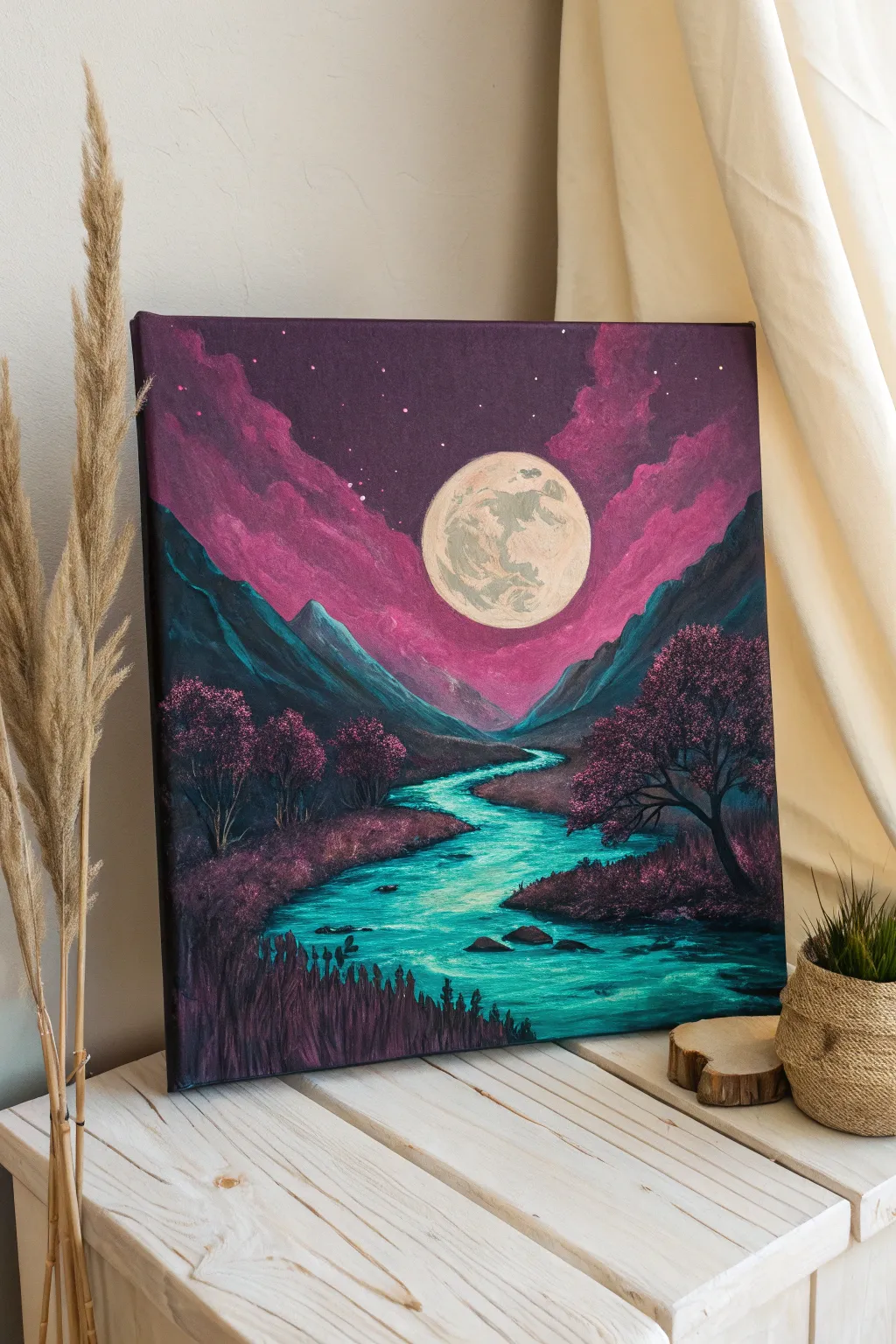 A minimalist canvas with neon river, magenta shadows, and a glowing oversized moon surreal twist