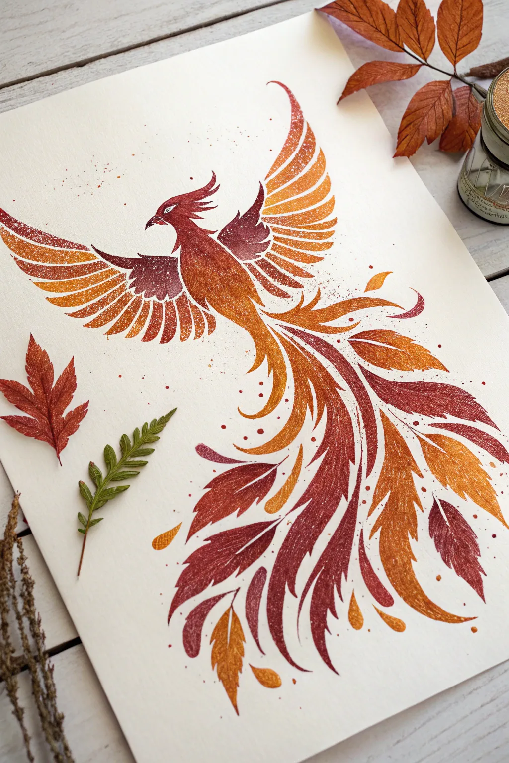 Layered flame phoenix illustration for striking fire drawing inspiration, minimal yet boldly colorful.