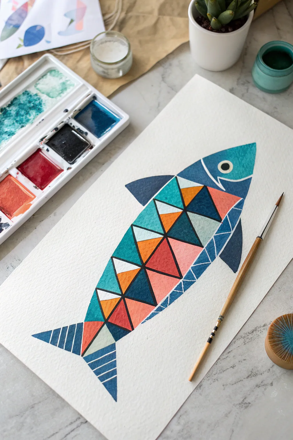 Bold geometric fish painting idea with clean Scandinavian minimalism and boho color blocks.