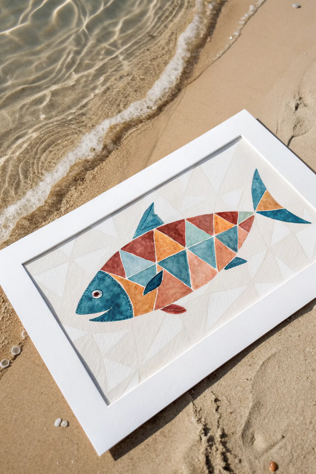 Abstract fish in bold color blocks on minimalist water—Scandi meets boho for easy art inspiration.