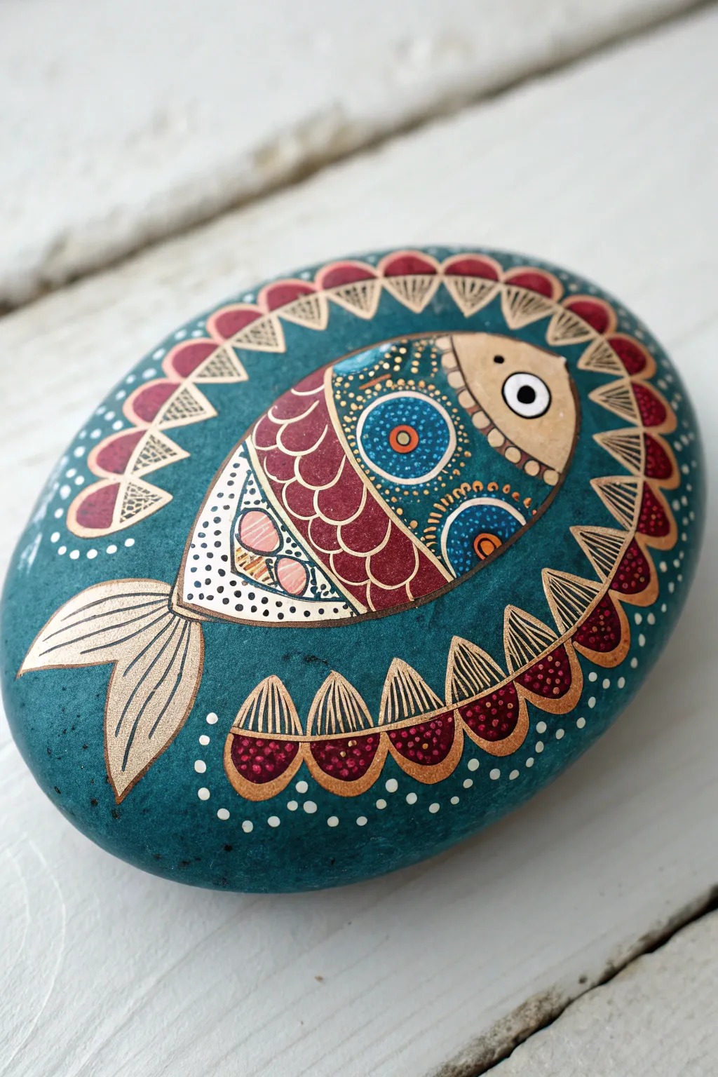 Mandala fish on an oval rock, bold teal and coral dotwork for minimalist Scandinavian boho decor