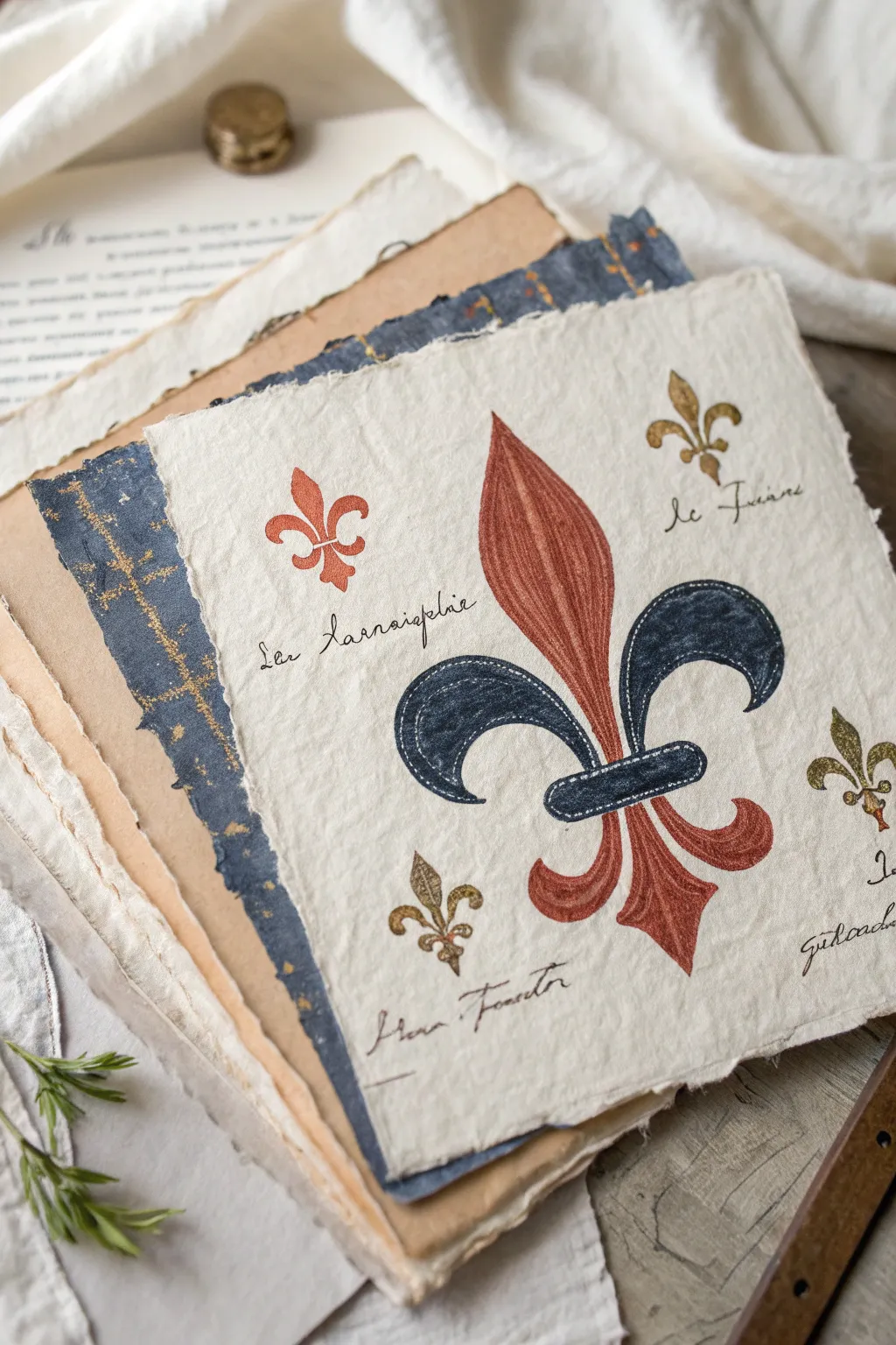 Mixed-media fleur de lis collage with torn paper layers and script-like marks in bold hues.