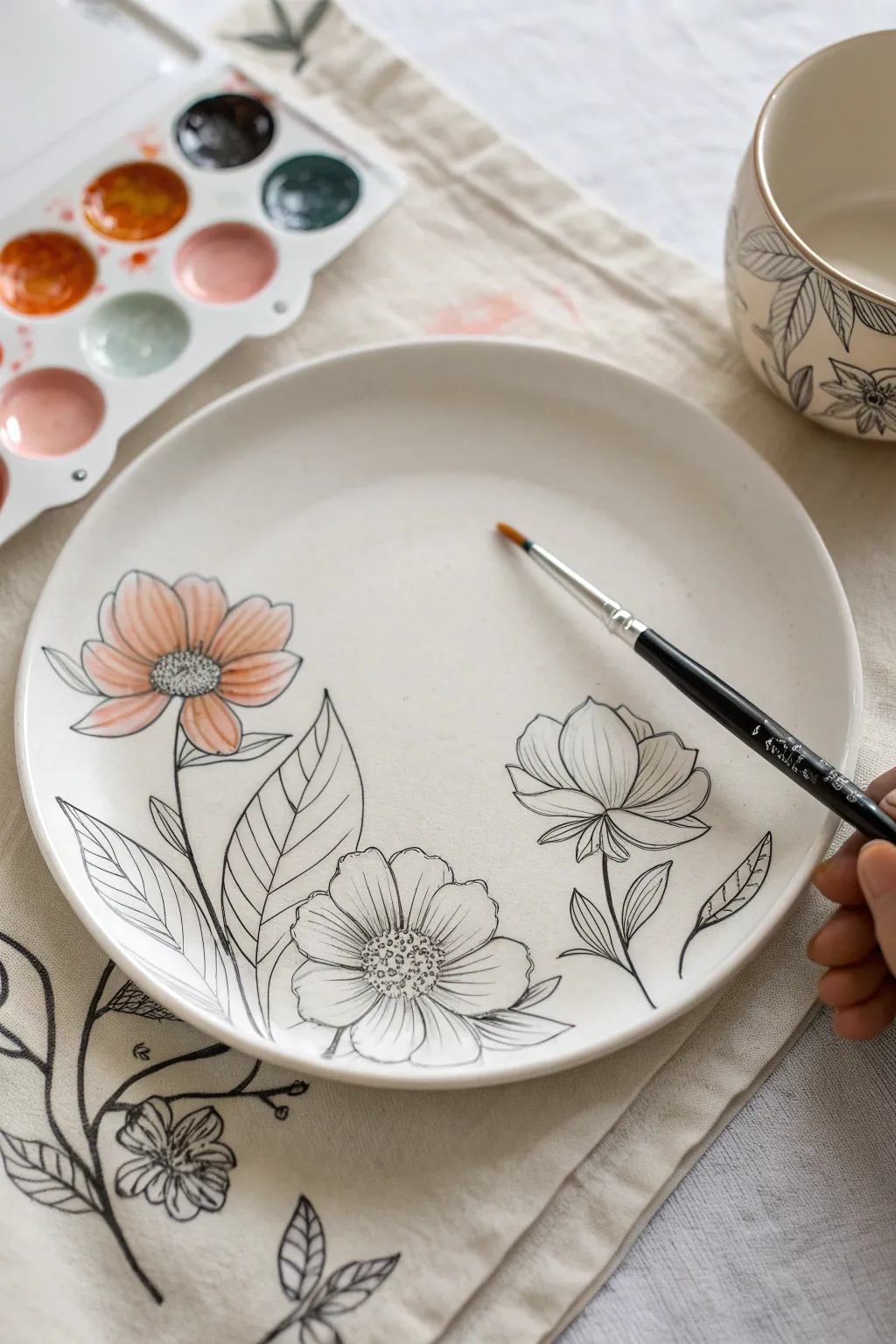 Ink floral line art plate with dreamy color wash, captured mid-paint for minimalist boho vibes