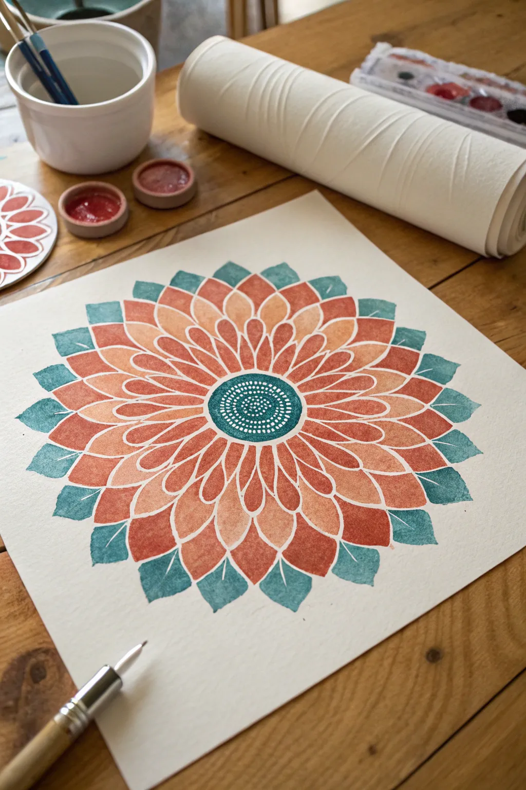 Big blooms made from toilet paper roll petal stamps, bold color on clean minimalist paper