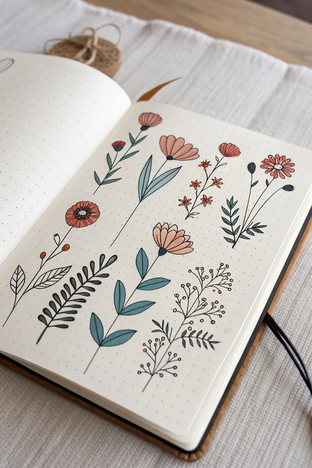 Simple flower stem doodles with teardrop, pointed, and ferny leaves for easy sketch practice