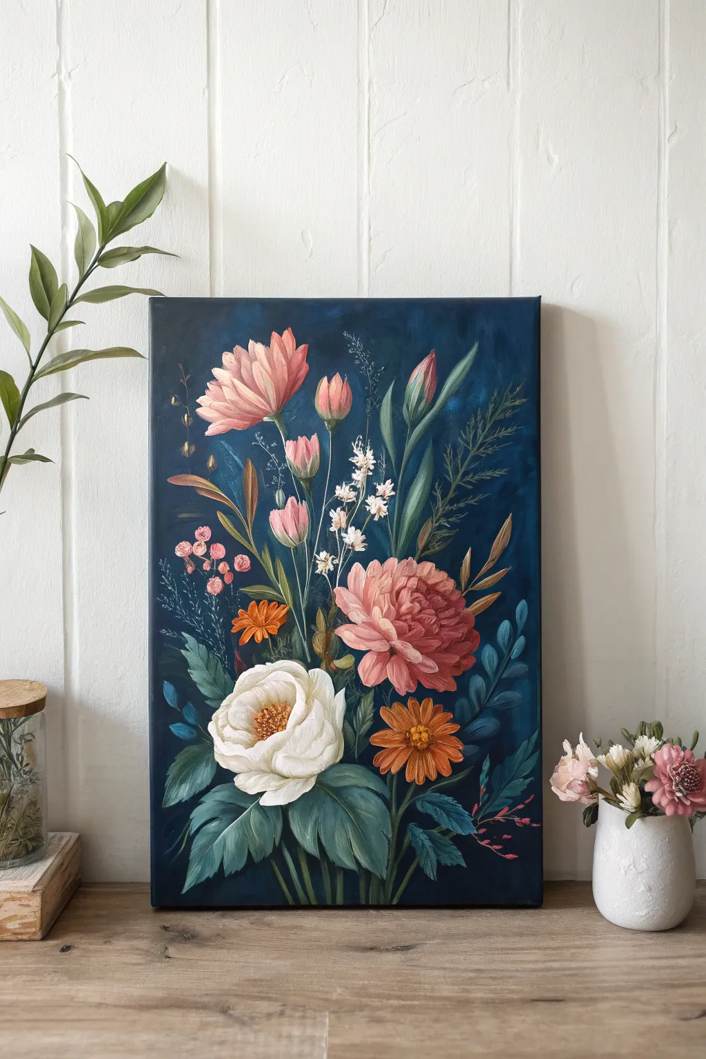 Night garden blooms glow against deep blue, an easy oil painting idea with bold contrast