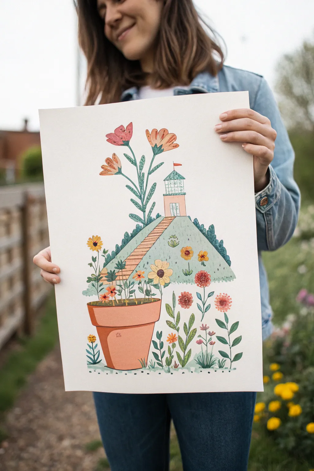 Surreal flower pot mini world drawing: a tiny garden scene blooming from a simple pot silhouette