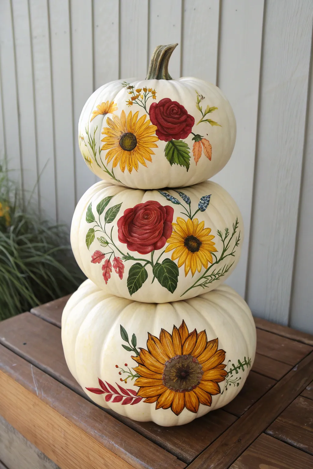 Coordinated flower-painted pumpkin stack in bold boho hues for a minimalist fall vignette