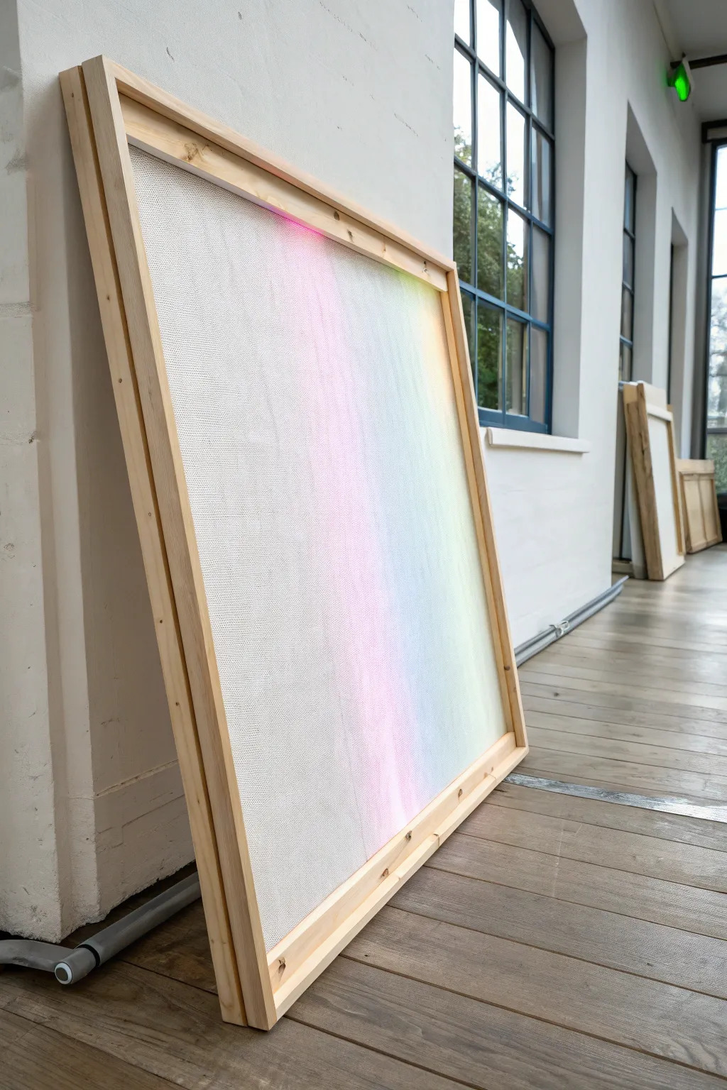 See a sheer fabric painting shift from soft daylight washes to glowing UV stained-glass color