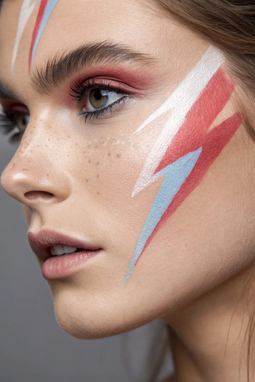 Stencil lightning swoosh in bold team colors for game-day cheeks with fierce under-eye accents