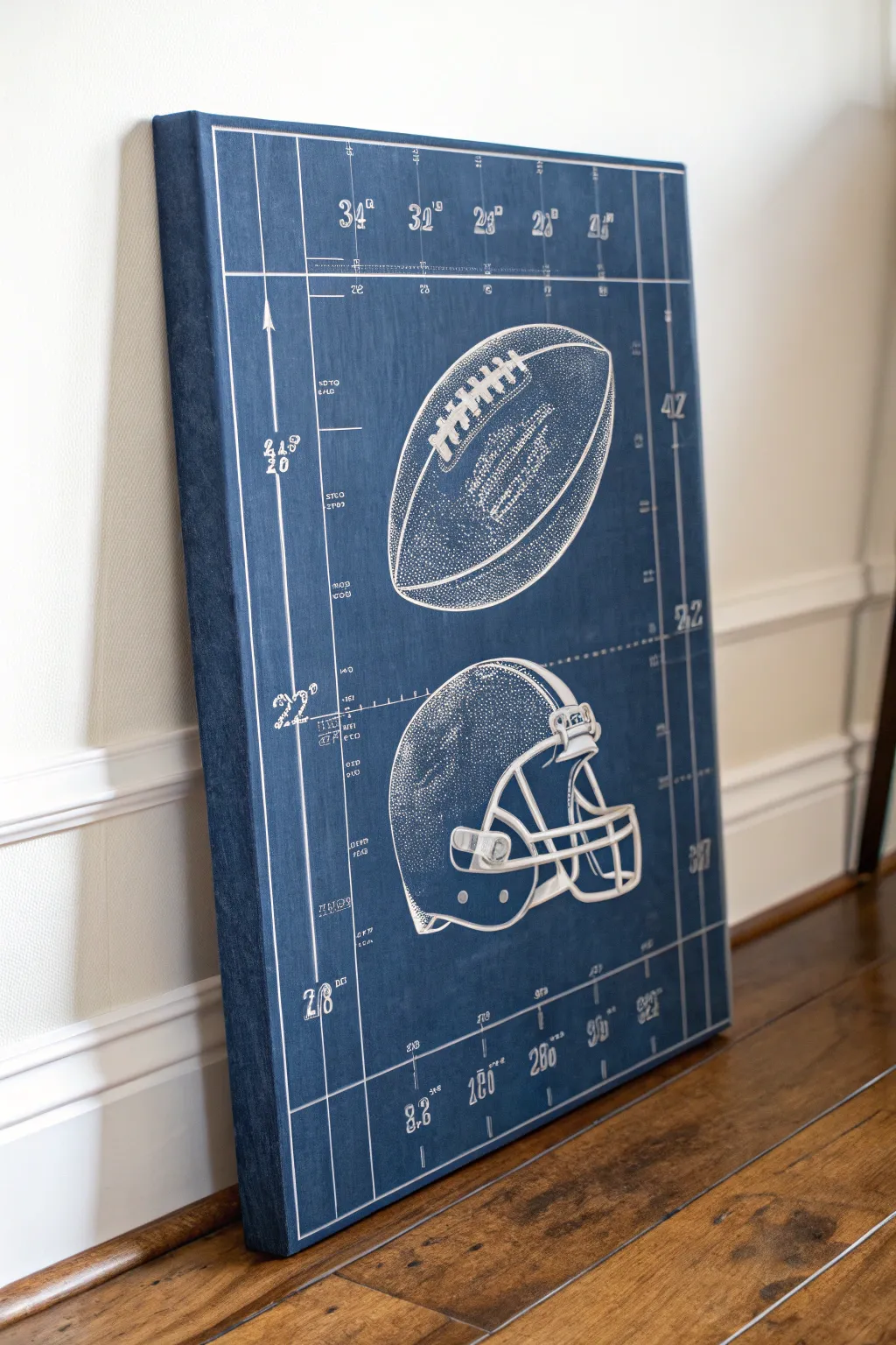 Vintage blueprint football canvas in bold indigo and cream, clean lines and handcrafted charm