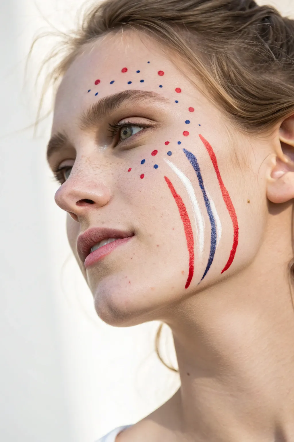 Parade-ready confetti dots and streamers in red, white, and blue for a fresh July 4 look