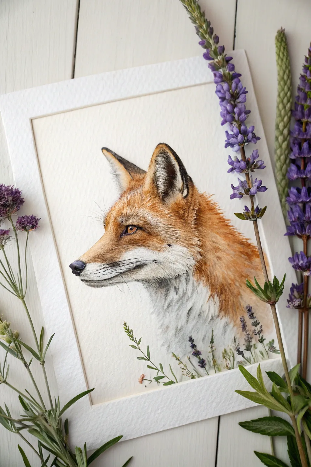 Fox portrait framed by purple wildflowers, minimal yet boho, with bold contrast and soft charm