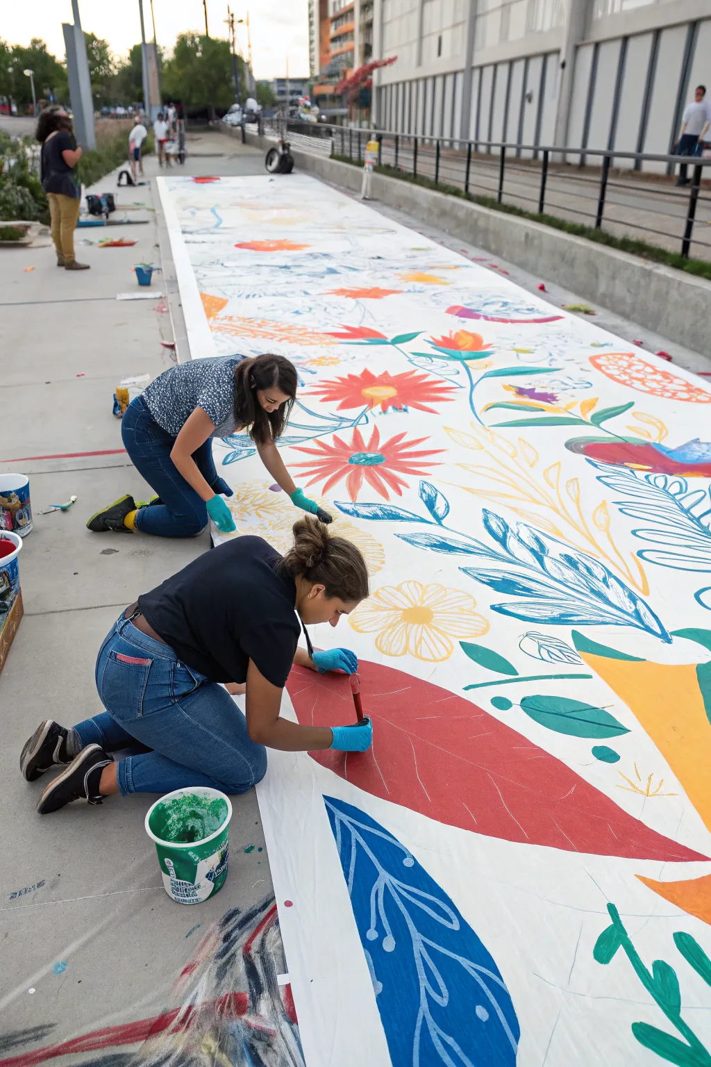 Collaborative mural night: bold color, layered marks, and hands painting together in one shared flow.
