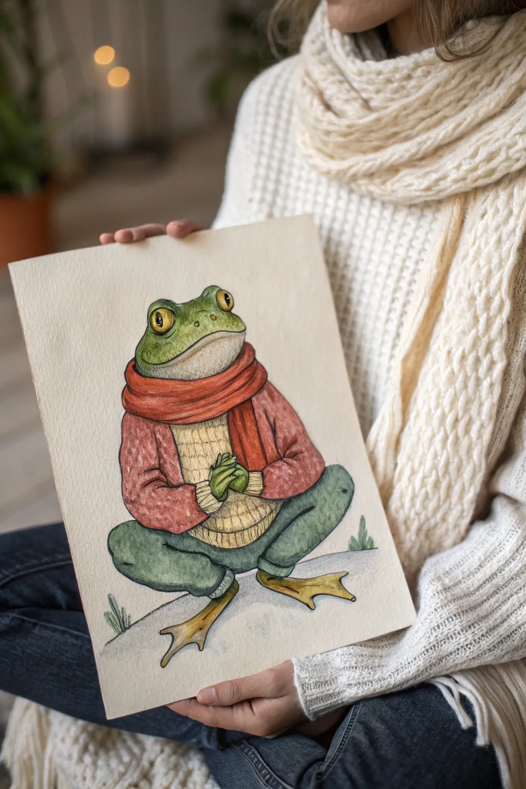 Cozy sweater frog illustration in bold earthy tones, minimalist Scandinavian-boho vibe.
