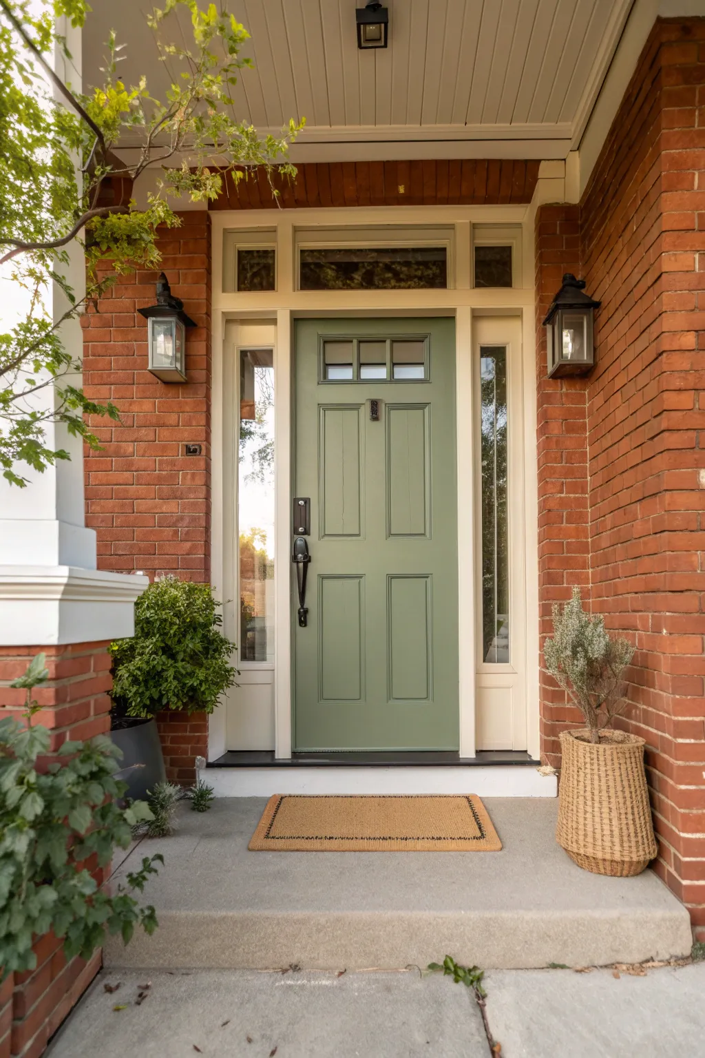 Brick-friendly porch palette: muted green door, cream trim, red brick warmth, boho accents