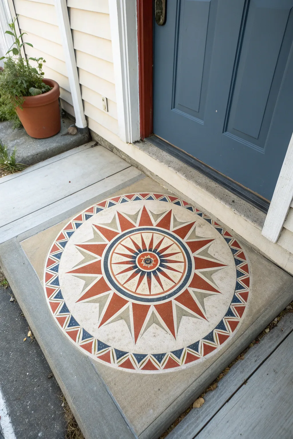 A bold sunburst medallion turns a plain concrete porch into a chic, handcrafted entry moment