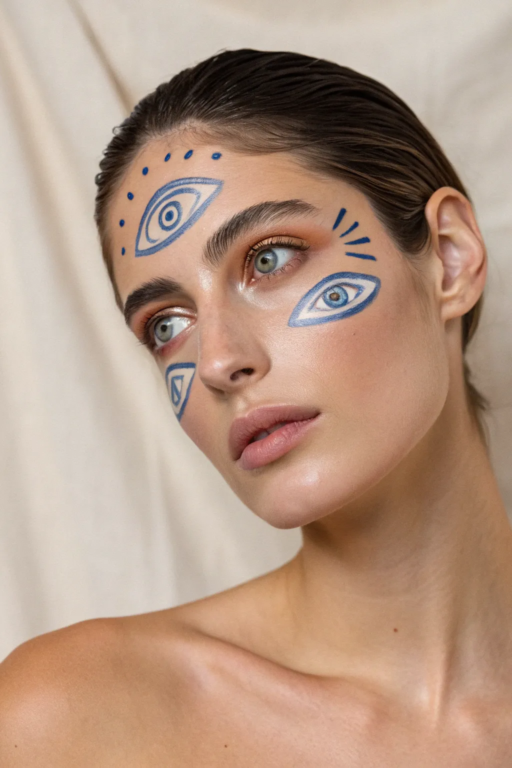 Surreal multi-eye full-face paint in bold minimal tones, smooth shading, striking yet wearable