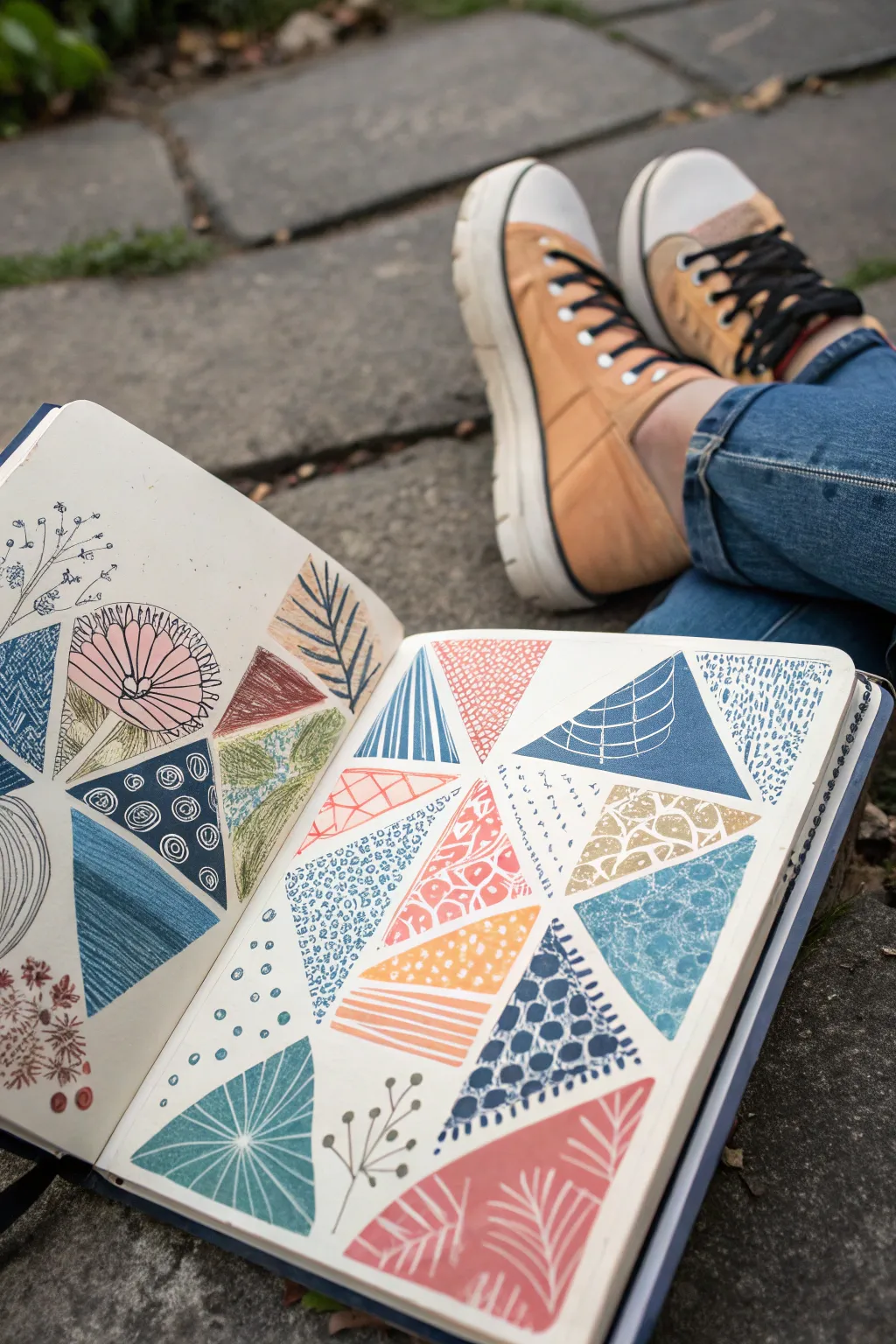 Overlapping object outlines + bold patterns create a high-contrast full-page drawing idea