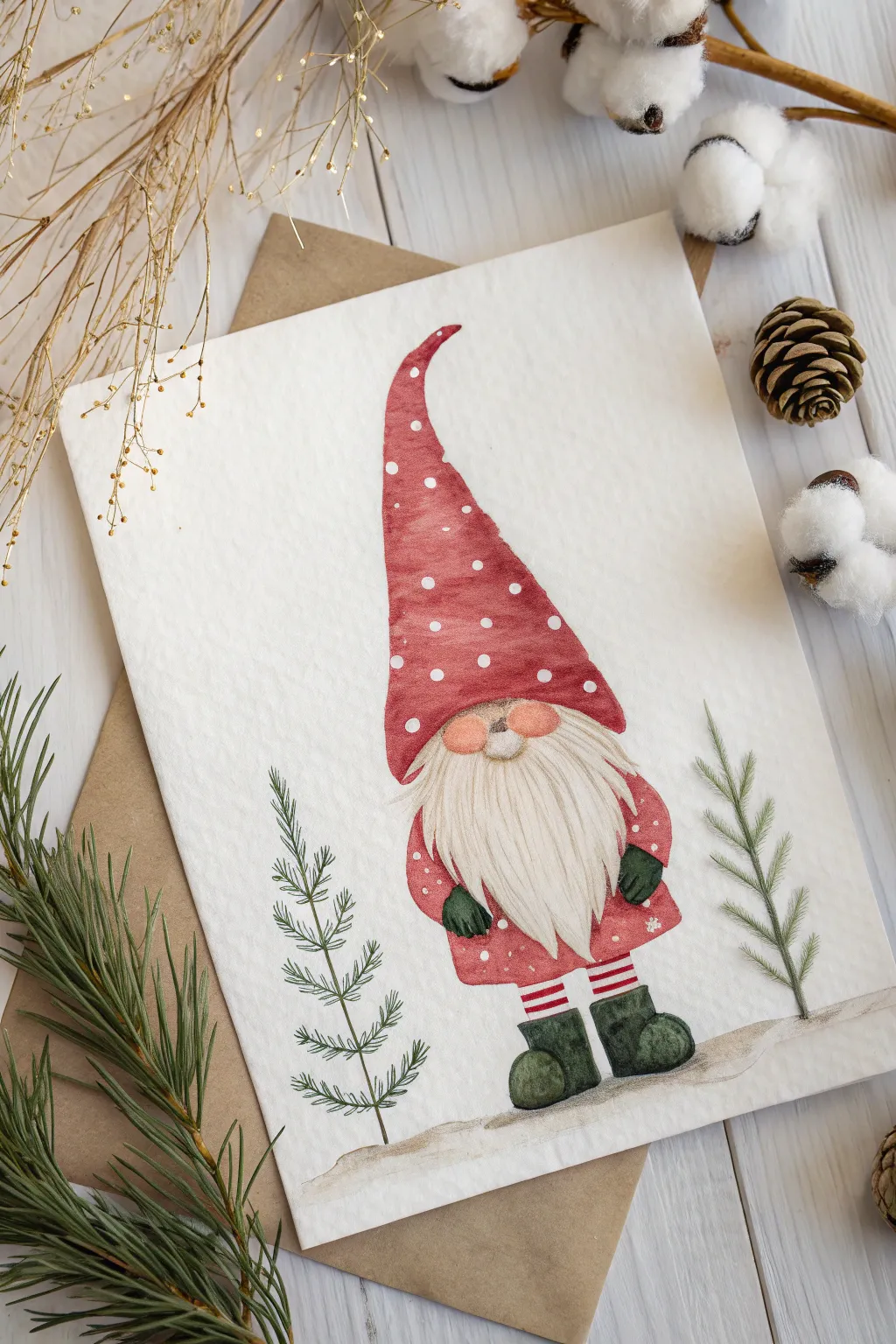 Draw a cozy holiday gnome with an oversized patterned hat, fluffy beard, and tiny boots.