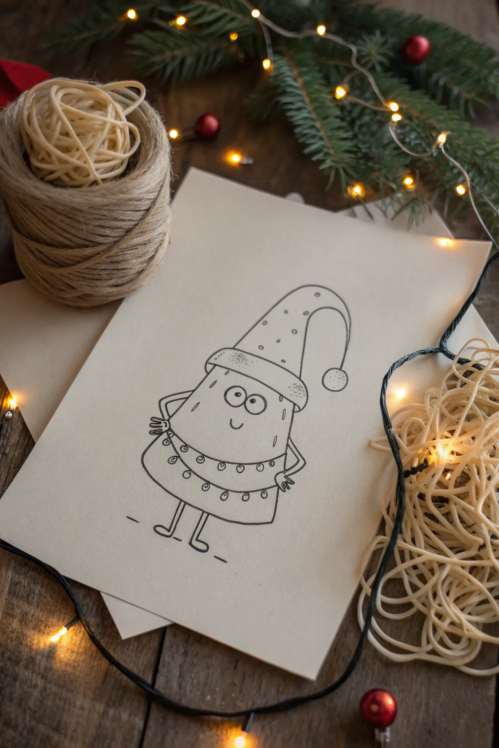 Christmas doodle idea: tangled lights like spaghetti, with one cheeky bulb staring at you