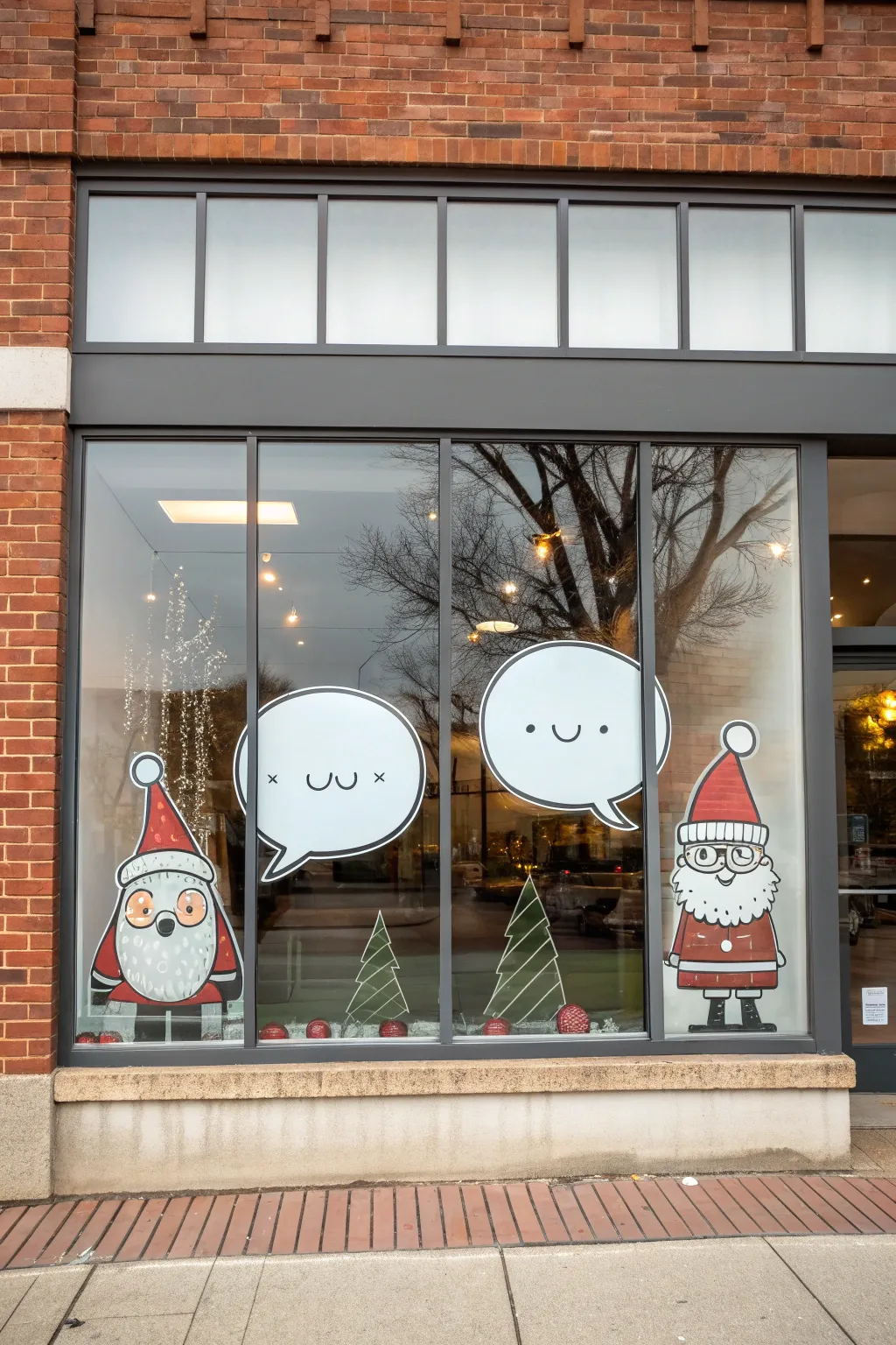 Funny Christmas window art with empty speech bubbles, minimalist Nordic-boho style and bold contrast