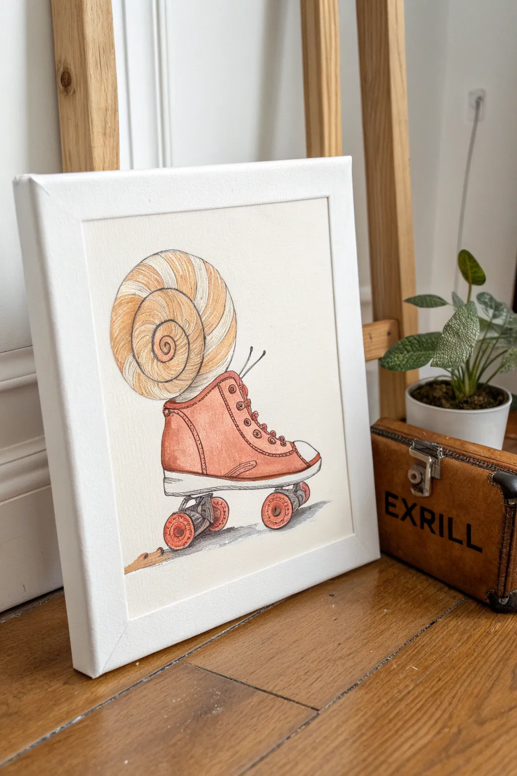 A surreal snail on skates with a tiny briefcase, minimalist yet bold for playful painting inspo.