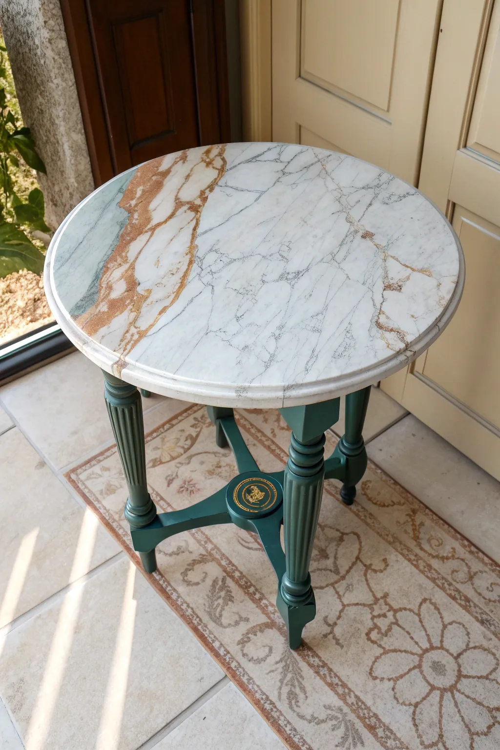 Faux marble tabletop DIY for a glossy, high-end finish on a chic minimalist side table.