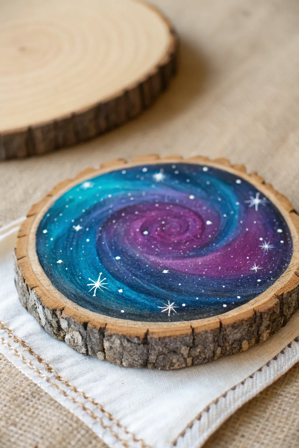Paint a galaxy on a wood slice and let the natural grain glow through the stars