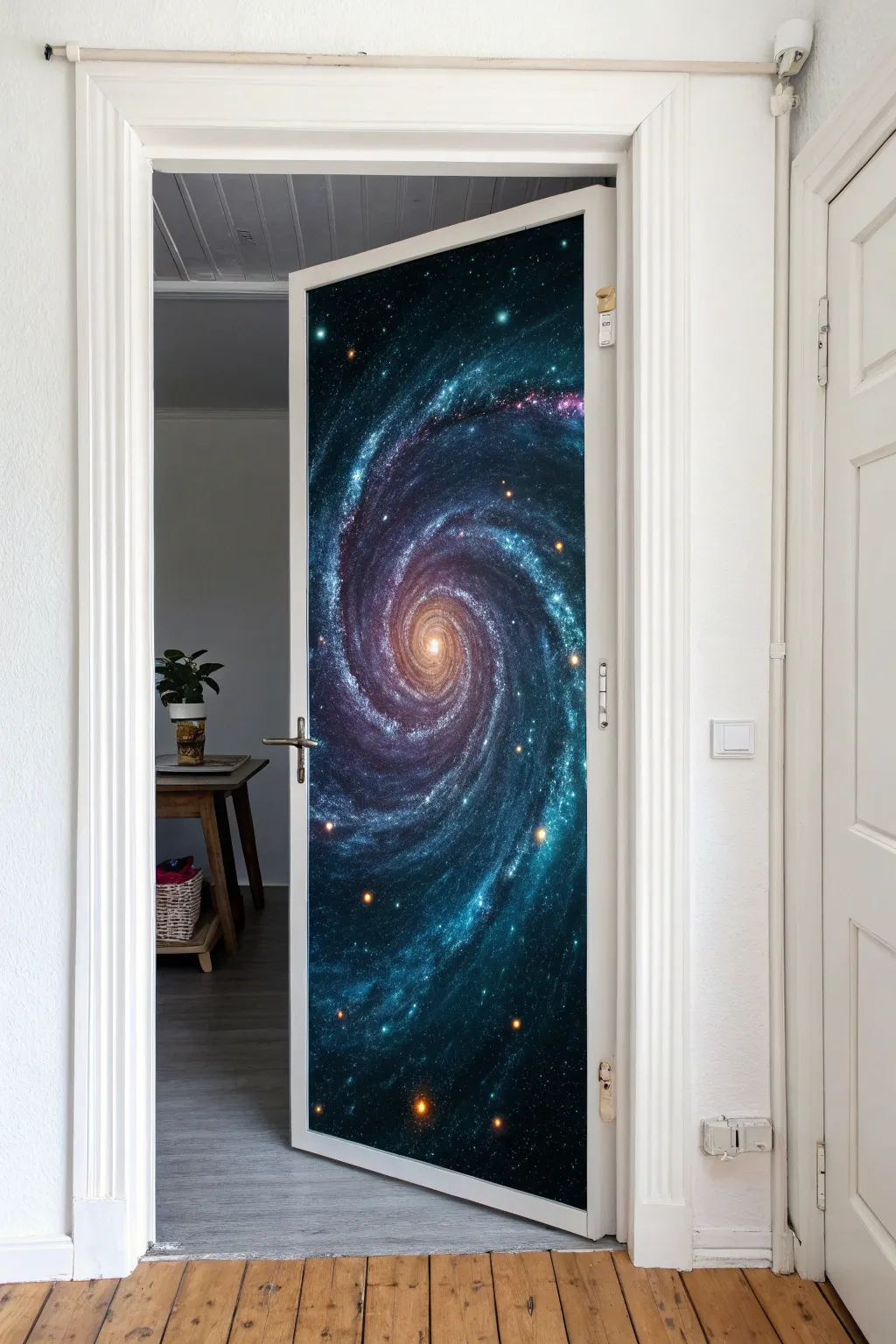 Doorway portal into a galaxy, bold indigo and magenta swirl against serene minimalist walls.