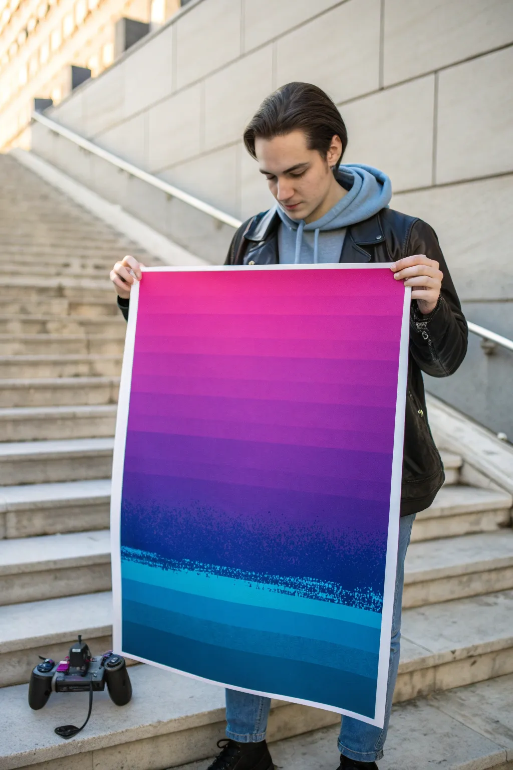 Magenta-cyan glitch gradient poster idea, minimalist and bold with a subtle controller silhouette