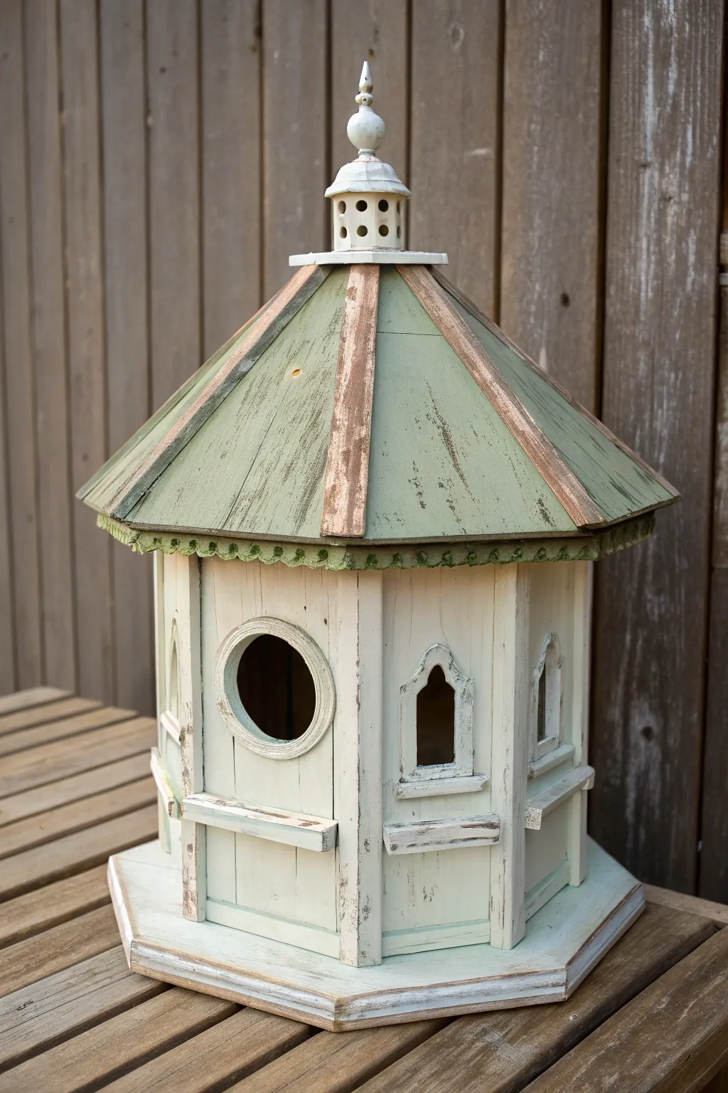 Distressed vintage gazebo birdhouse with soft boho color layers and rustic reclaimed wood backdrop
