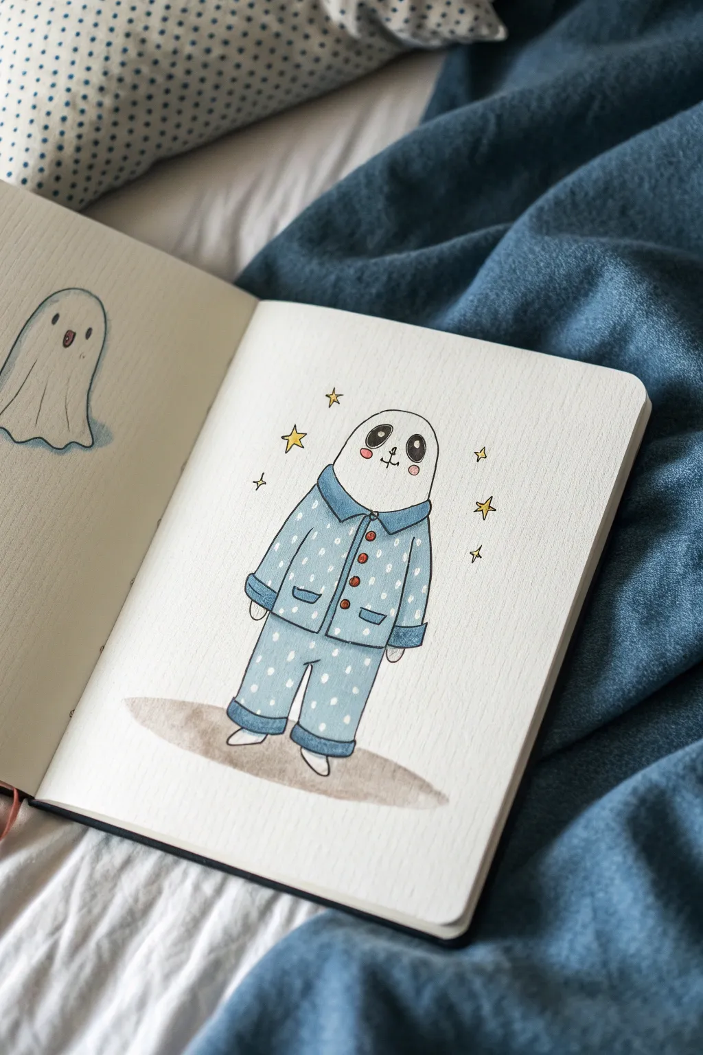 Cozy ghost in button pajamas, a minimalist bedtime drawing idea with bold calming contrast.
