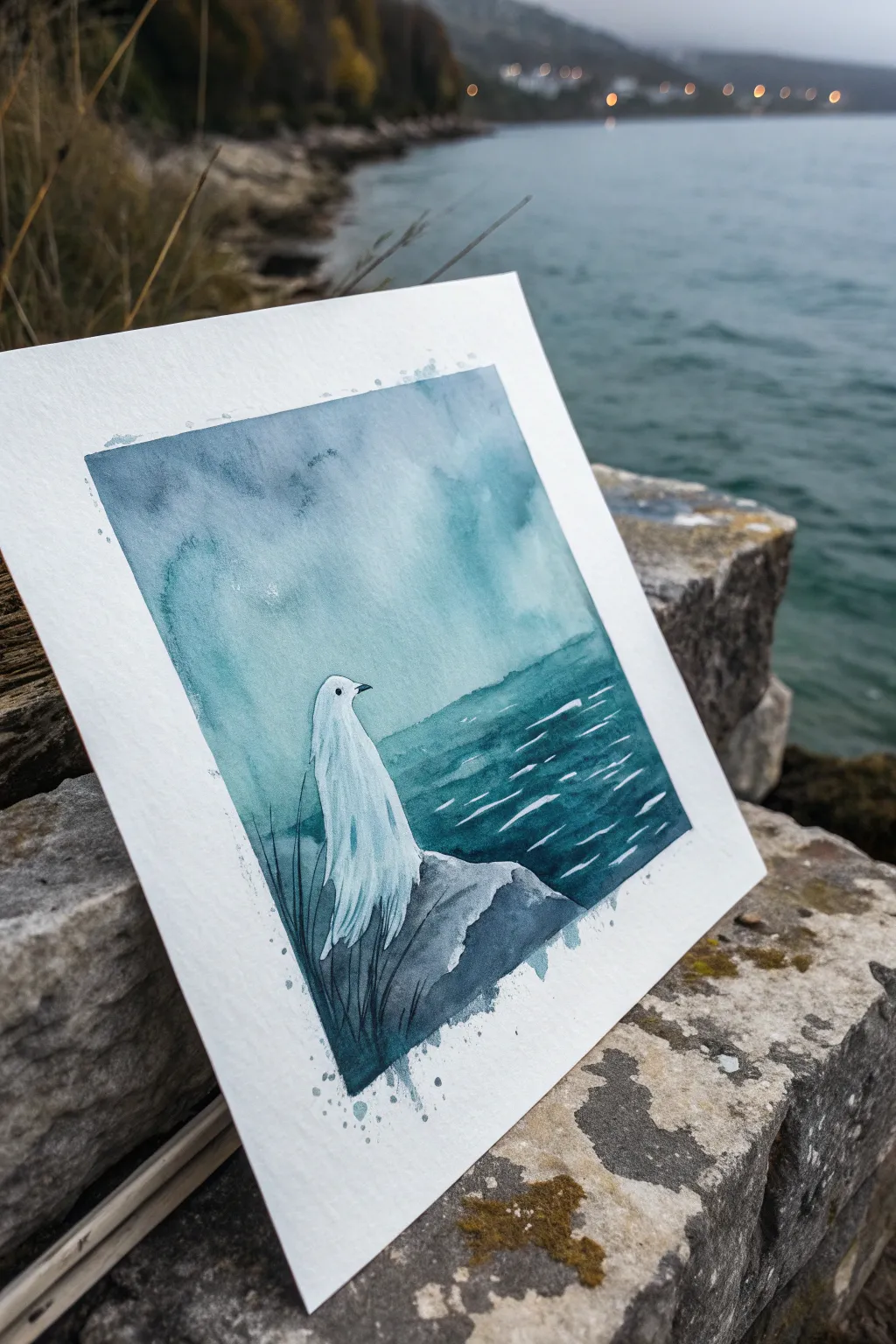 Transparent watercolor ghost on deep indigo wash with salt texture for a misty, minimalist vibe