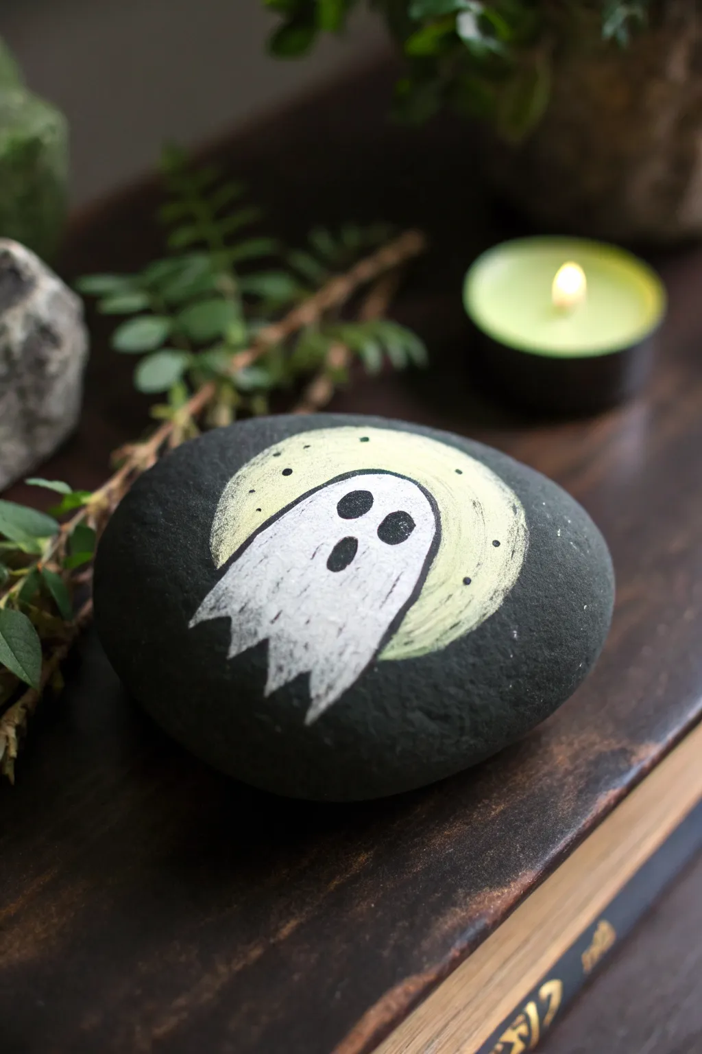 Paint a cozy glow ghost on a charcoal rock and let the soft halo shine in the dark.