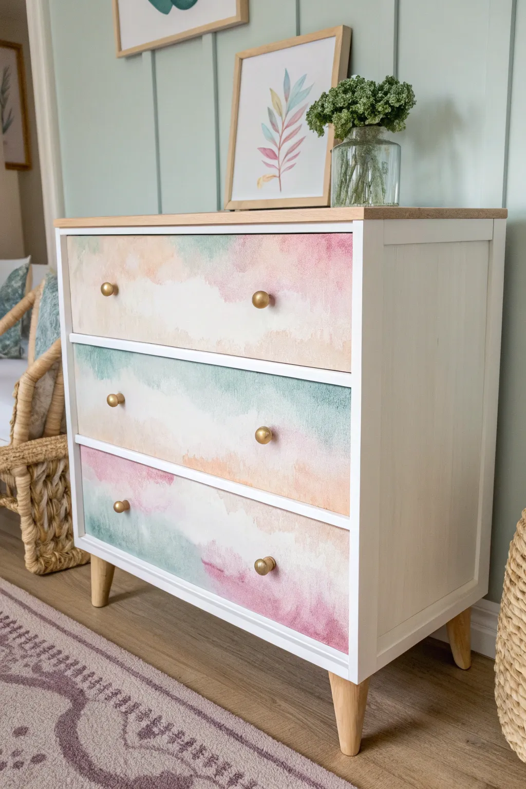 Soft watercolor-wash dresser with bold blended drawers in bright, airy Scandinavian minimal style