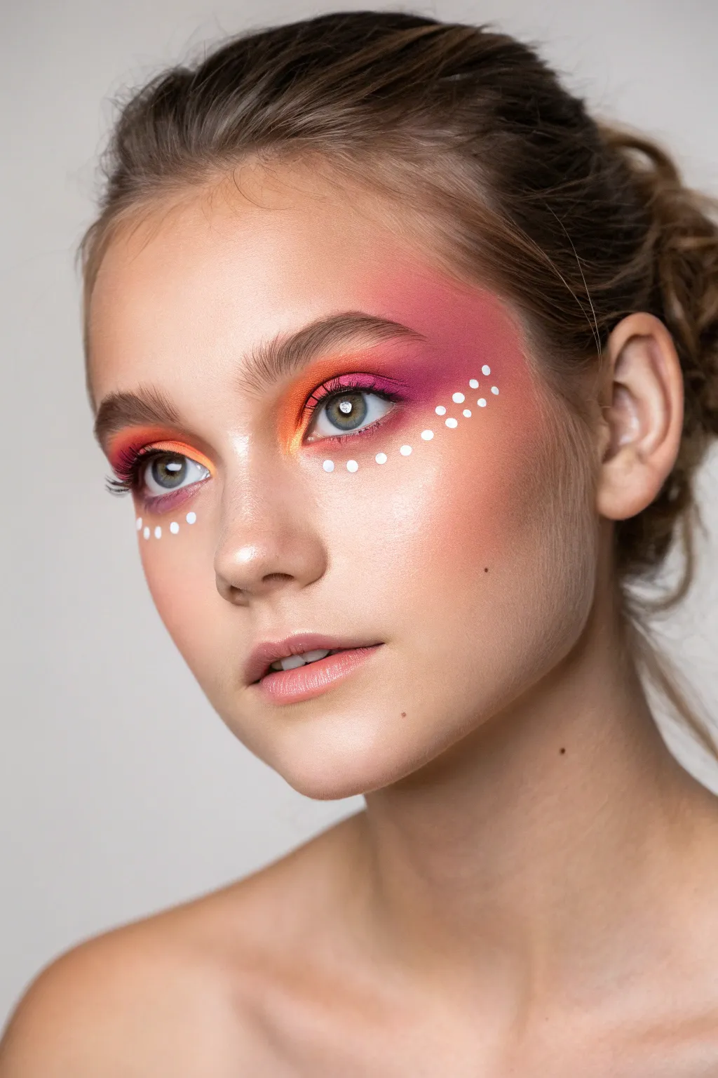 Sunset ombré eye mask face paint with white dot highlights for a dreamy minimalist look