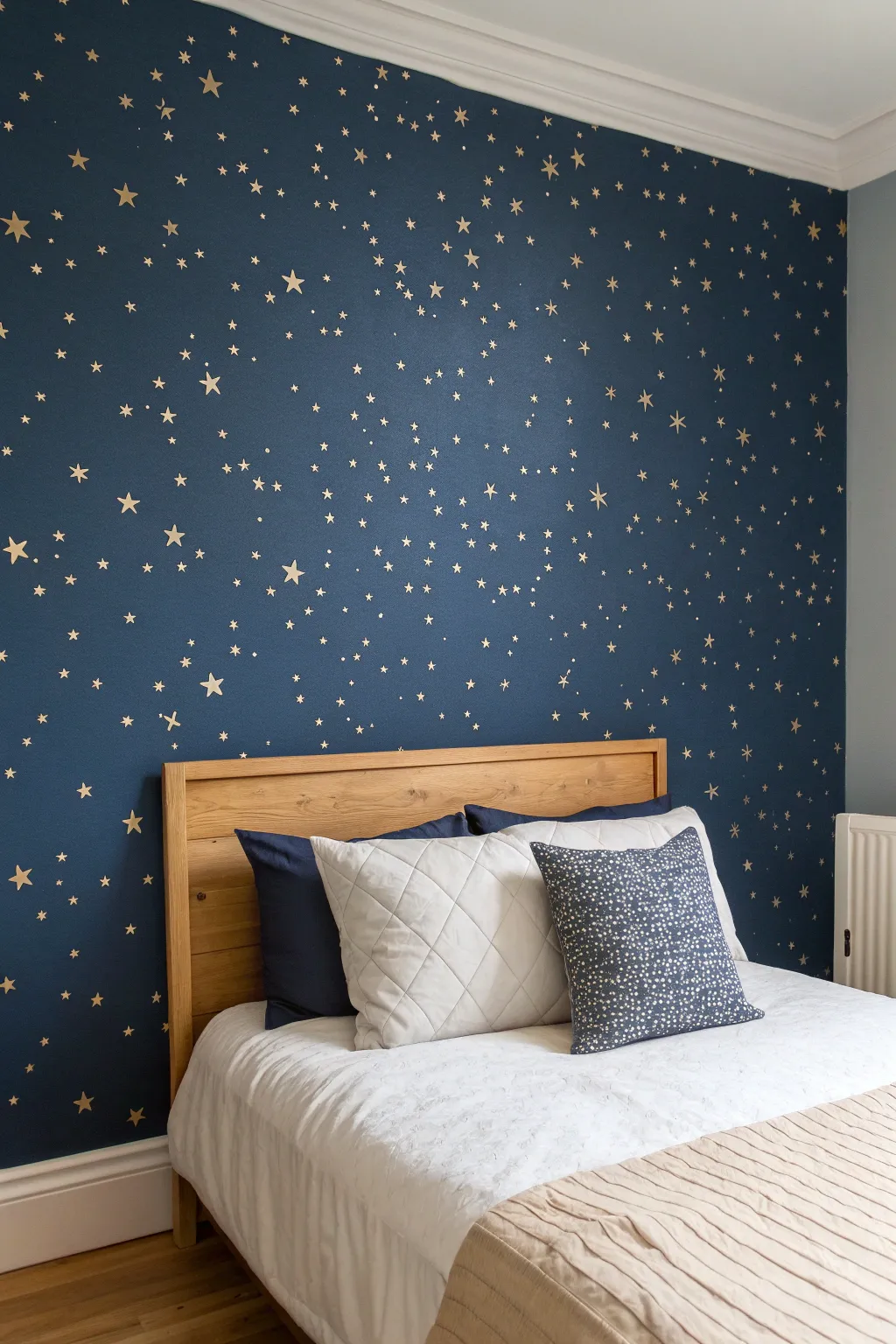 Midnight indigo wall with tiny star speckles for a calm, dreamy girls room night-sky vibe.