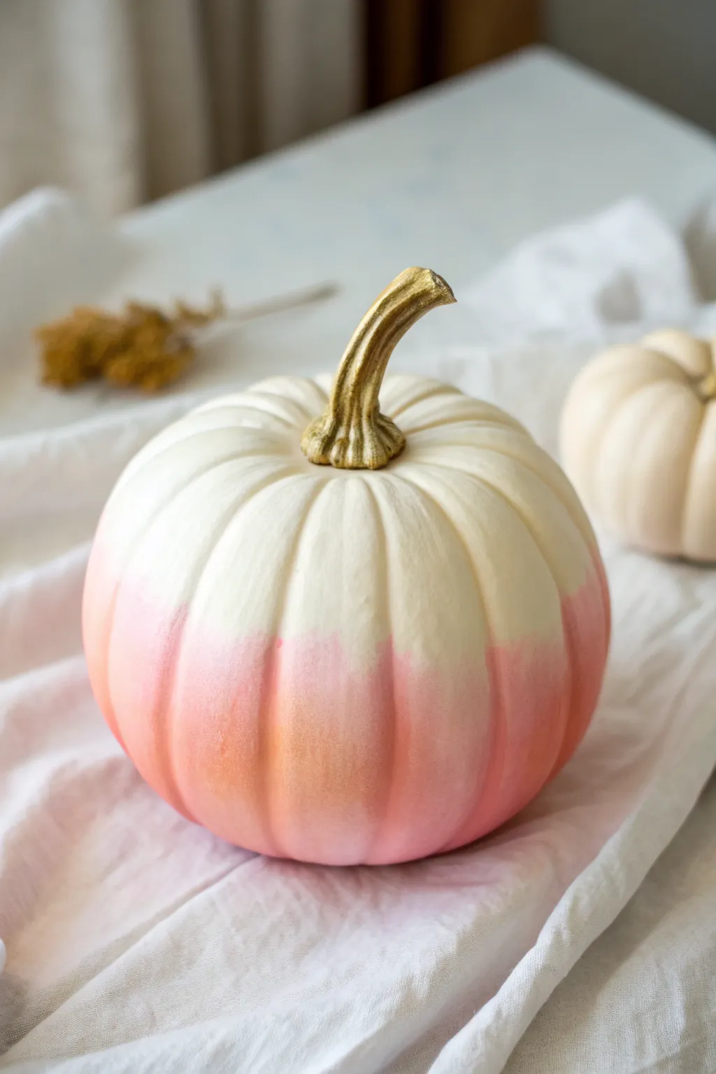 Dreamy ombre pumpkin in blush to cream with a soft gold stem, minimalist autumn charm.
