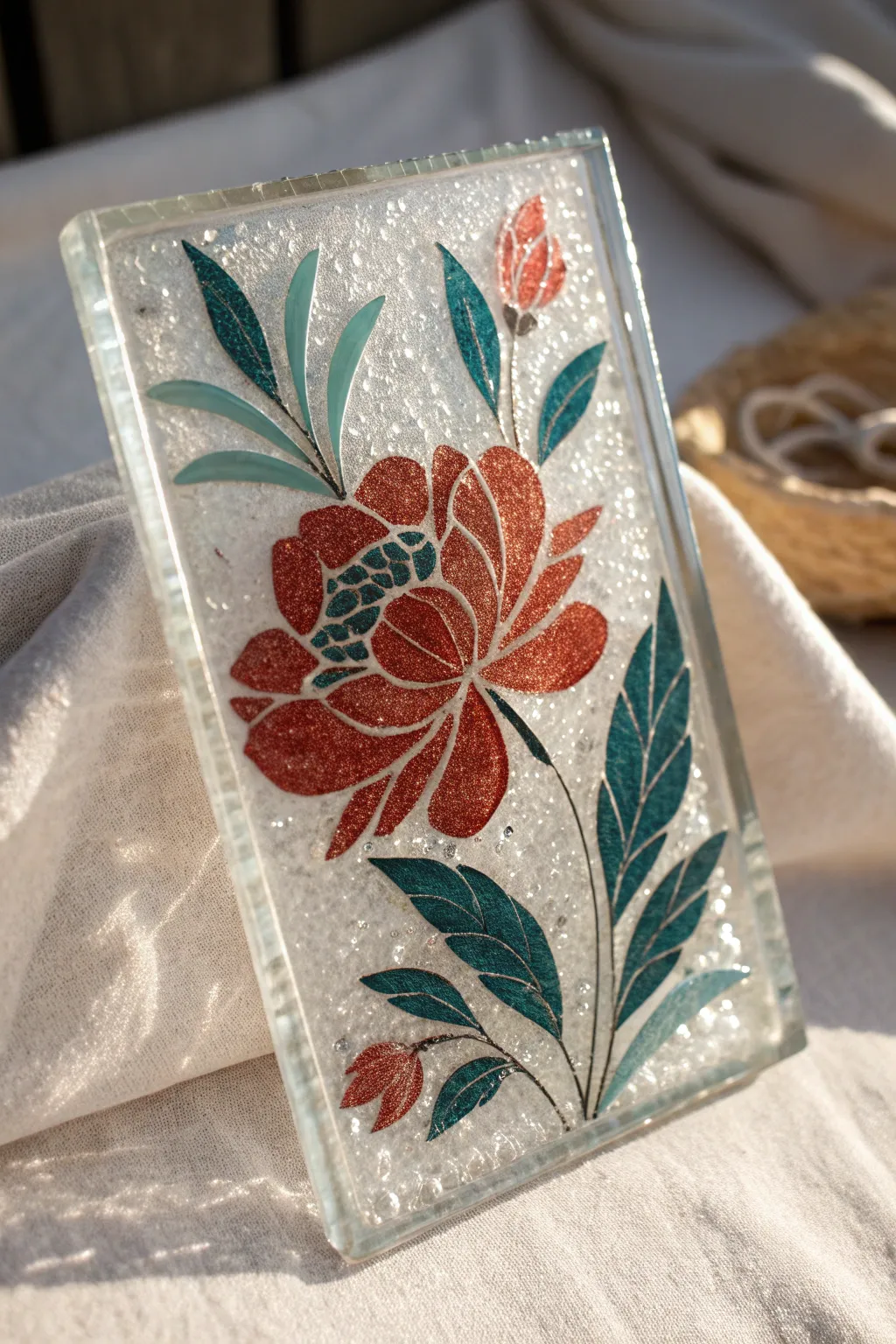 Shimmering crushed-glass floral panel with bold color, backlit glow, and artisan texture