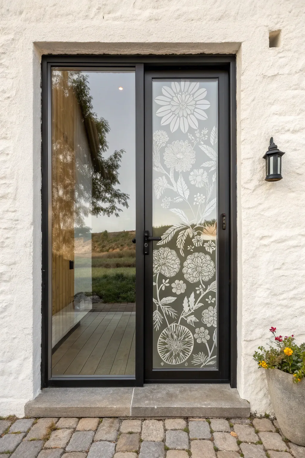 Reverse-painted florals on a glass door, glowing from within for a sleek, handmade finish
