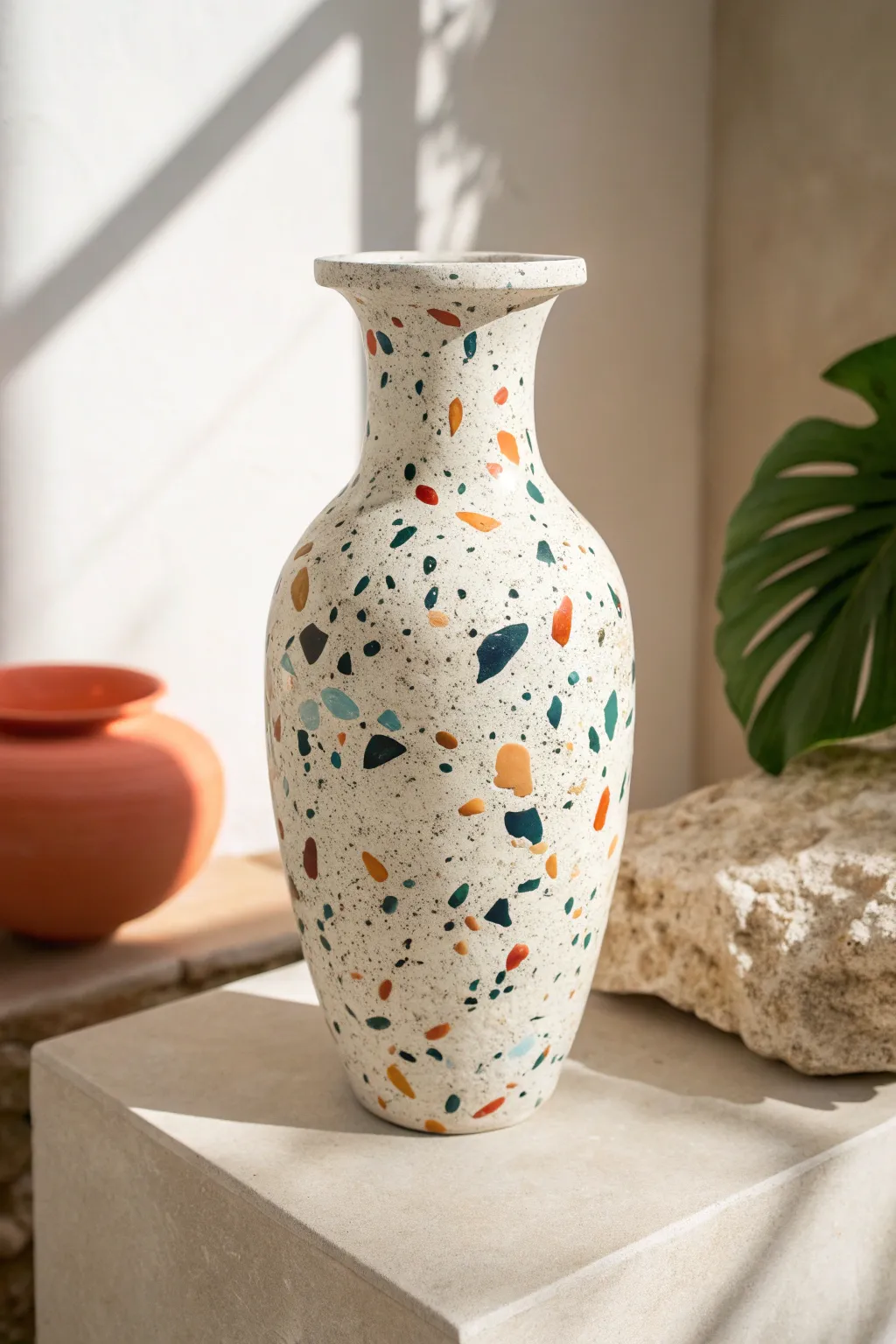 Terrazzo-speckled painted glass vase for a bold minimalist-boho DIY moment today