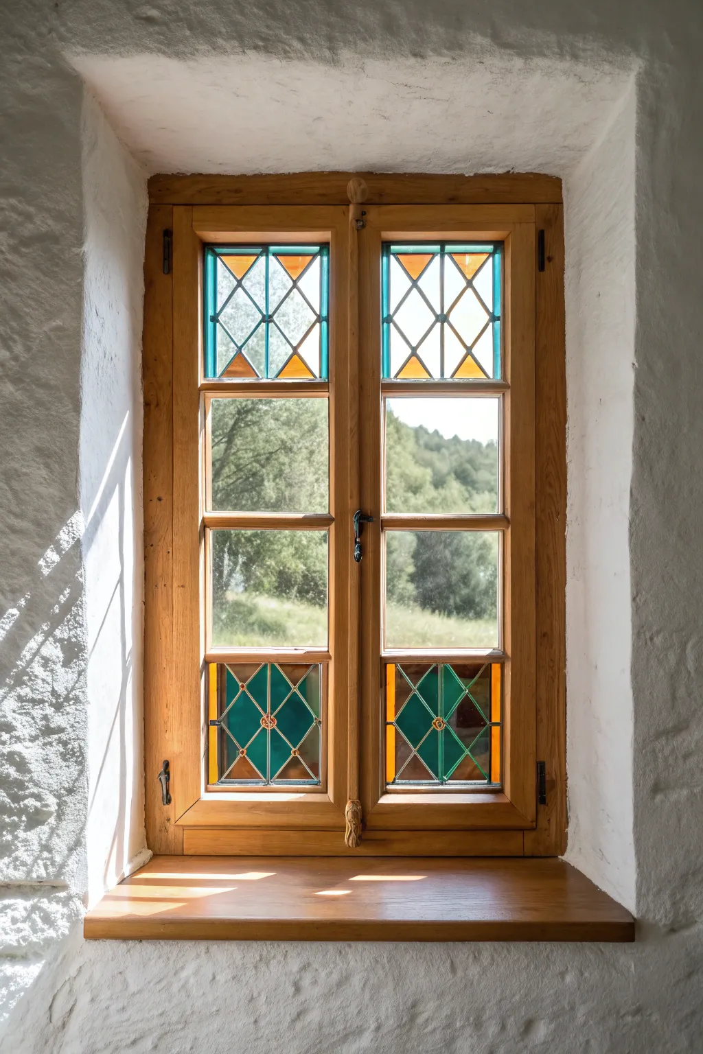 Half-window stained glass adds privacy and subtle color while keeping the view bright and open.