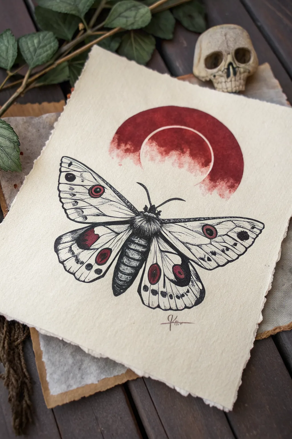Minimal goth moth drawing with bold black patches, subtle skull marking, and an oxblood halo