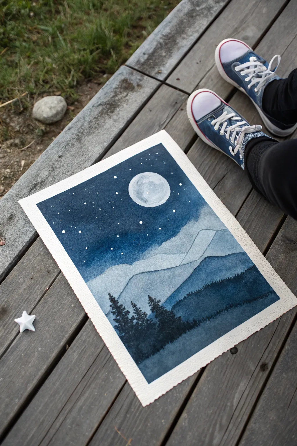 Monochrome indigo night study: creamy gouache layers, bright moon glow, and minimalist calm.