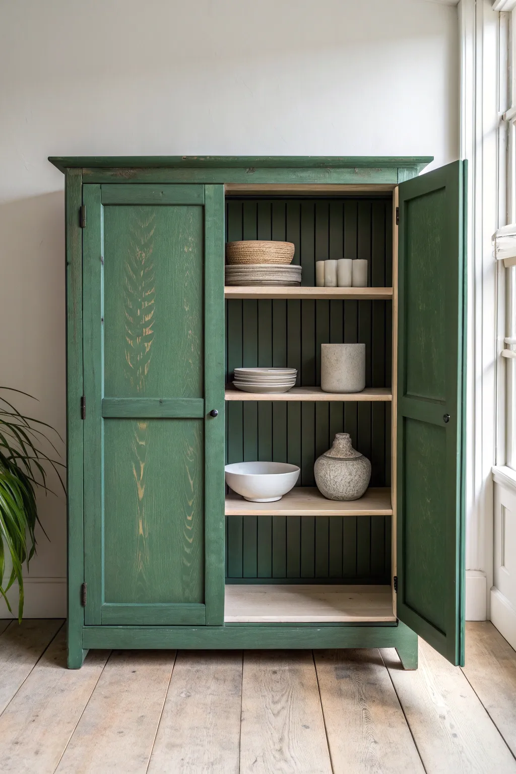 Deep green cabinet, pale green shelves, and simple ceramics for a calm modern boho look.