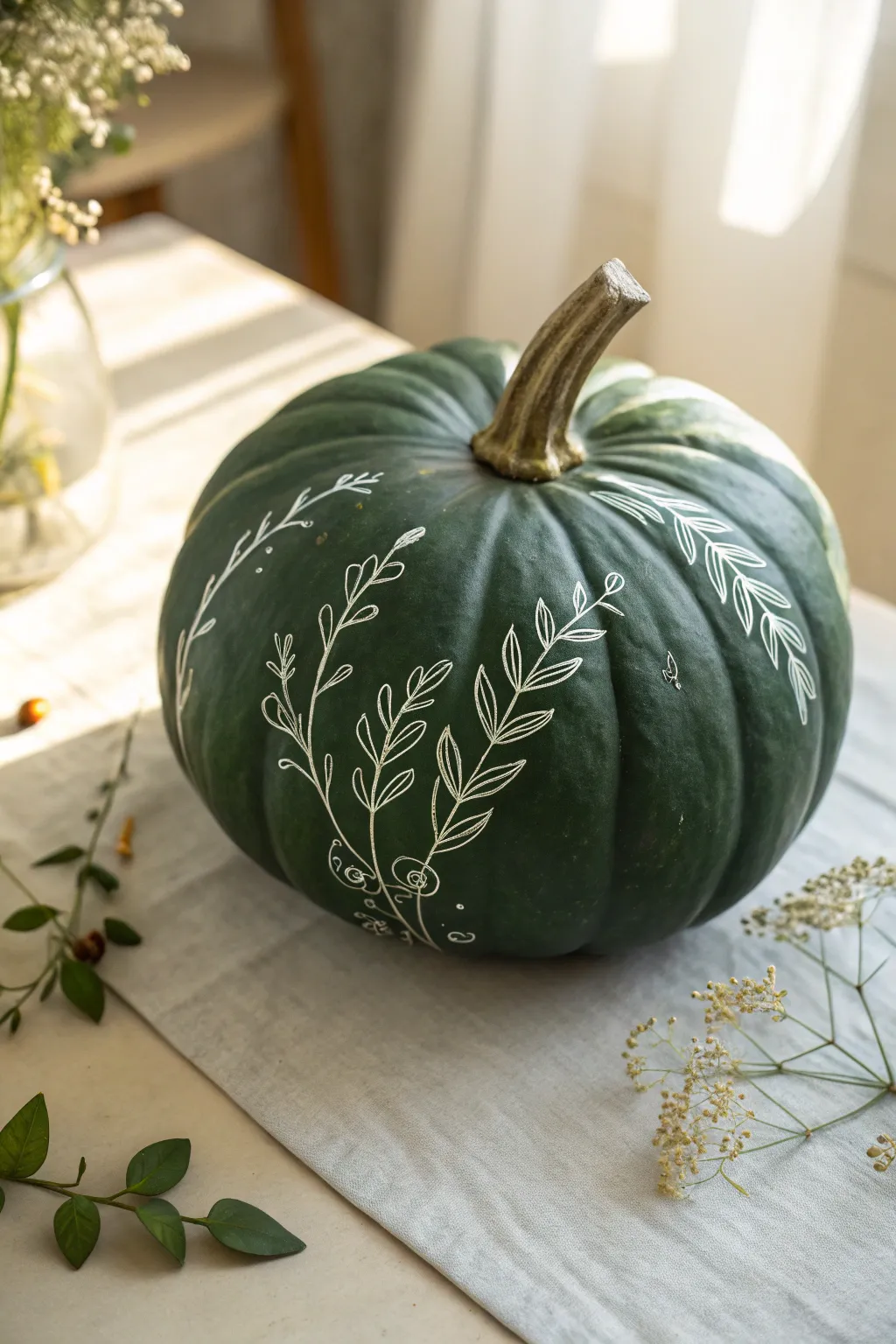 Deep green pumpkin with delicate white botanical line art for a modern minimalist fall look