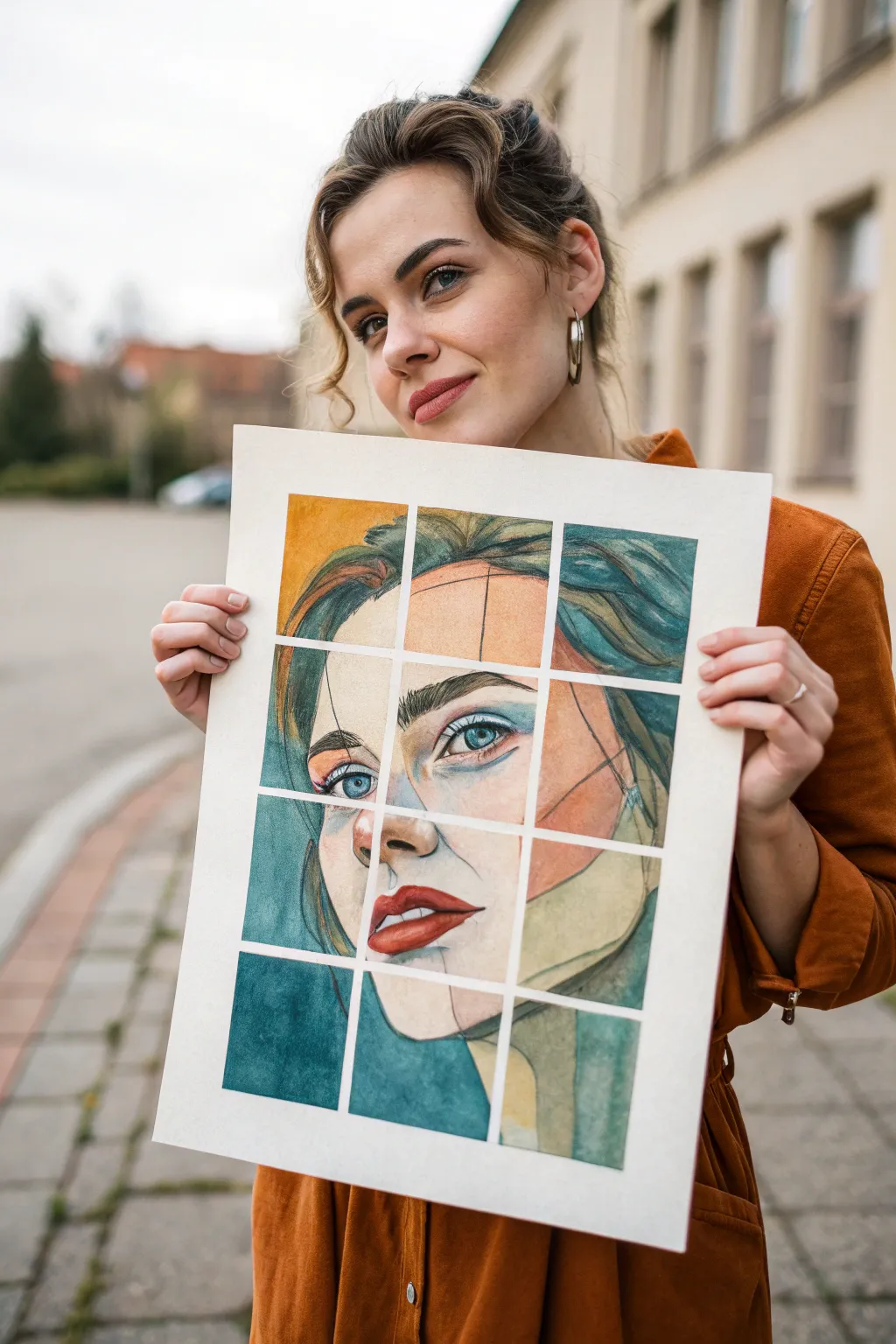 Distorted grid portrait idea: bold blocks and shifted squares for a playful modern face.