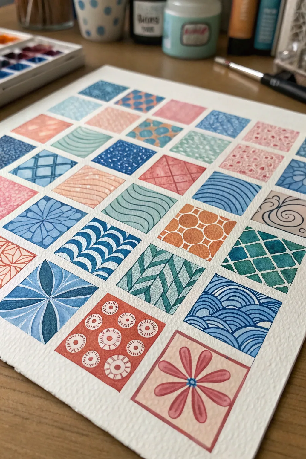 Patchwork sampler grid of groovy patterns, bold color blocks and crisp black outlines