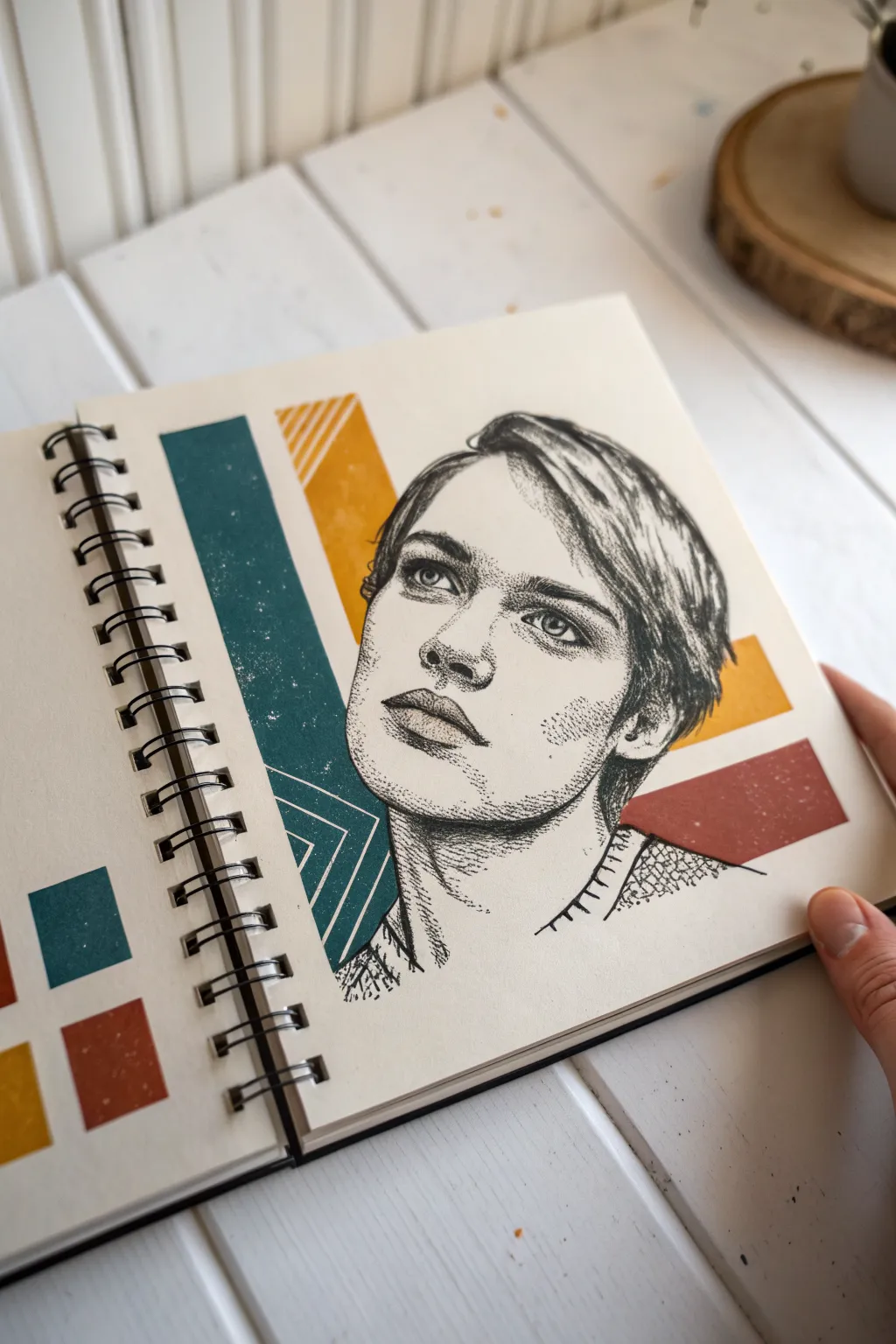 Glitchy portrait sketch: broken linework, misaligned features, and bold color shifts on clean paper